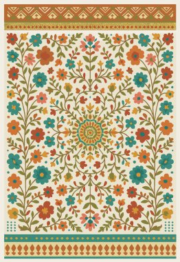 Halk sanatı, yüksek çözünürlüklü modern desenli İran Vektör Halısı 'ndan esinlenerek beyaz tuval üzerinde trend renkleri ile izole edilmiştir.