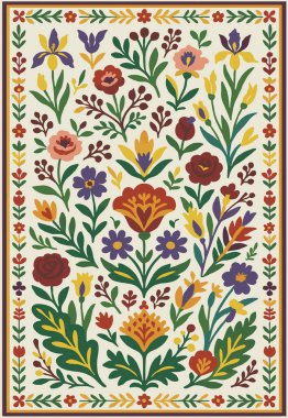 Halk sanatı, yüksek çözünürlüklü modern desenli İran Vektör Halısı 'ndan esinlenerek beyaz tuval üzerinde trend renkleri ile izole edilmiştir.