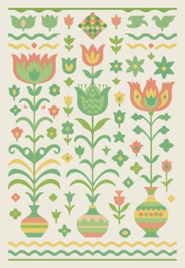 Halk sanatı, yüksek çözünürlüklü modern desenli İran Vektör Halısı 'ndan esinlenerek beyaz tuval üzerinde trend renkleri ile izole edilmiştir.