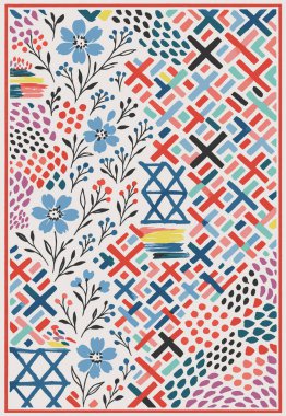 Halk sanatı, yüksek çözünürlüklü modern desenli İran Vektör Halısı 'ndan esinlenerek beyaz tuval üzerinde trend renkleri ile izole edilmiştir.