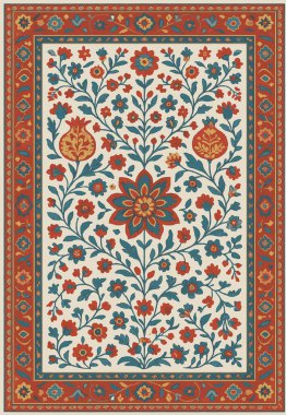 Halk sanatı, yüksek çözünürlüklü modern desenli İran Vektör Halısı 'ndan esinlenerek beyaz tuval üzerinde trend renkleri ile izole edilmiştir.