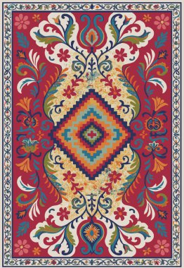 Halk sanatı, yüksek çözünürlüklü modern desenli İran Vektör Halısı 'ndan esinlenerek beyaz tuval üzerinde trend renkleri ile izole edilmiştir.