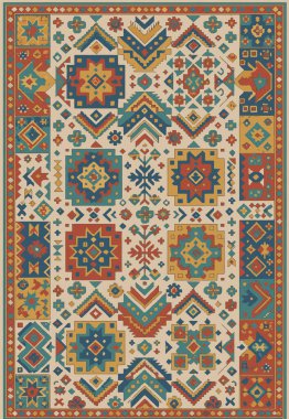 Halk sanatı, yüksek çözünürlüklü modern desenli İran Vektör Halısı 'ndan esinlenerek beyaz tuval üzerinde trend renkleri ile izole edilmiştir.