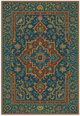 Halk sanatı, yüksek çözünürlüklü modern desenli İran Vektör Halısı 'ndan esinlenerek beyaz tuval üzerinde trend renkleri ile izole edilmiştir.