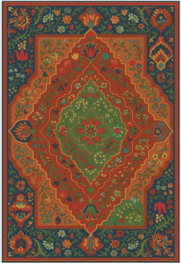 Halk sanatı, yüksek çözünürlüklü modern desenli İran Vektör Halısı 'ndan esinlenerek beyaz tuval üzerinde trend renkleri ile izole edilmiştir.