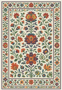 Halk sanatı, yüksek çözünürlüklü modern desenli İran Vektör Halısı 'ndan esinlenerek beyaz tuval üzerinde trend renkleri ile izole edilmiştir.