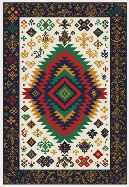 Halk sanatı, yüksek çözünürlüklü modern desenli İran Vektör Halısı 'ndan esinlenerek beyaz tuval üzerinde trend renkleri ile izole edilmiştir.