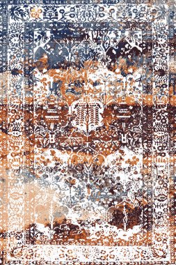 Orijinal Pers folk tarzı halı tasarımı ve grunge desenli illüstrasyon 