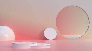 Cilt bakımı ürünleri için soyut pembe konsept tasarımı ya da güzellik ürünü sunumu 3d illüstrasyon tasarımı, parlak kozmetik ürün teşhir lüksü 3d zemin üzerinde boş iki podyum