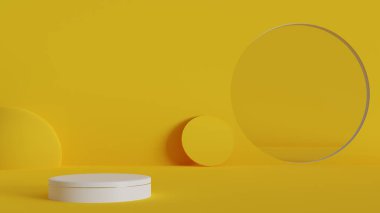 Beyaz podyum, üç boyutlu görüntüleme alanında sarı zemin üzerinde, soyut boş alanda izole edilmiş beyaz podyum, ürün tanıtımı için en iyi kullanım 3D resimleme