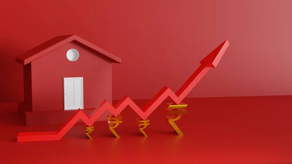 住宅業界のインフレのための赤い矢印の概念設計を持つ赤い家3Dレンダリング インフレのための3D背景デザインと住宅ローンの増加率 不動産金利のための概念 — ストック写真
