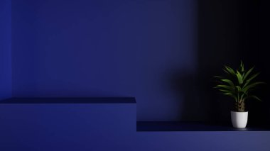 Ürün tanıtımı için boş alan 3d sunum tasarımı, ürün tanıtımı için gerçekçi alan veya reklam reklamları için, ürün tanıtımı için koyu mavi arkaplan sosyal medya için 3d illüstrasyon arkaplanı