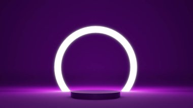 ürün gösterimi için mor stand, neon ürün sunumu karanlık tema 3d illüstrasyon, ürün sunumu için boş podyum