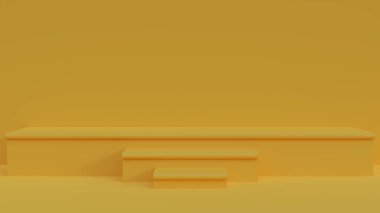 Ürün sunumu için sarı büyük sahne, ürün tanıtımı için 3D sunum podyumu, asgari sahne konsept tasarımı