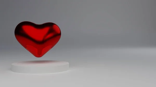 Реалистичное Красное Блестящее Сердце Белом Подиуме Дизайн Концепции День Святого — стоковое фото