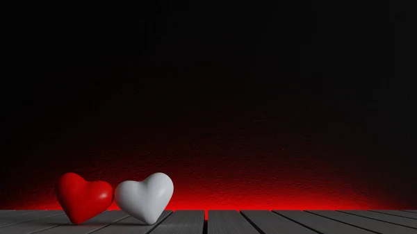 Rot Und Weiß Zwei Herzen Auf Holztisch Rendering Hintergrunddesign Banner — Stockfoto