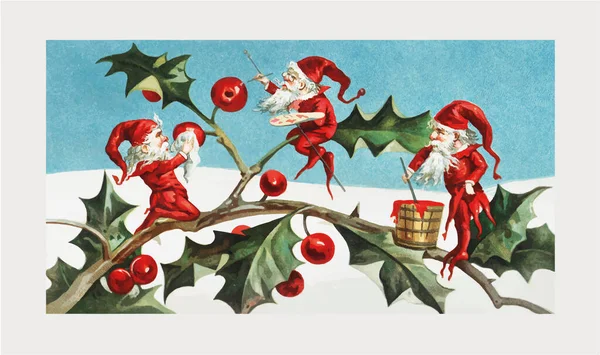 圣诞老人精灵在冬青叶上画浆果 — 图库矢量图片