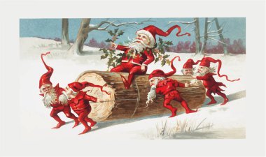 Kırmızı elbiseli Noel Baba elfleri kar altında bir kütüğe kayıyor.