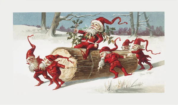 Santa Elfové Červených Šatech Klouzání Kmeni Zimním Sněhu — Stockový vektor