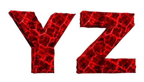 Horror blood alphabet. Damaged letters y, z,  red. 3D render. White background.