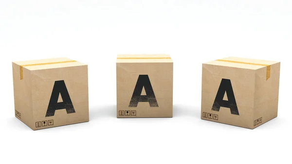 手紙AとクラフトボックスA 3つの異なる位置に紙で作られたボックス フロント 左と右 3Dレンダリングでアルファベット 簡単クロップ ワンクリック 隔離された白い背景 — ストック写真