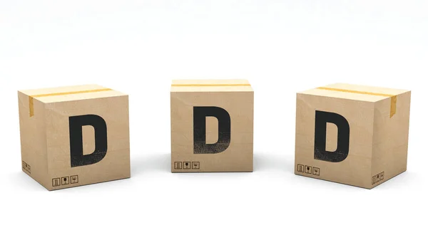 有字母D的纸盒 纸盒分为3个不同的位置 左边和右边 3D渲染中的字母 简单的种植 一次点击 孤立的白色背景 — 图库照片