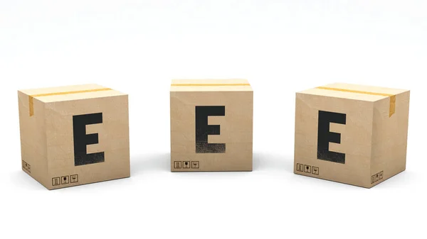 手紙Eとクラフトボックス 3つの異なる位置で紙で作られたボックス フロント 左と右 3Dレンダリングでアルファベット 簡単クロップ ワンクリック 隔離された白い背景 — ストック写真