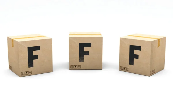 Fの文字でクラフトボックス 3つの異なる位置で紙で作られたボックス フロント 3Dレンダリングでアルファベット 簡単クロップ ワンクリック 隔離された白い背景 — ストック写真