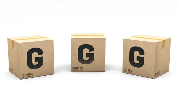 有字母G的纸盒的纸盒有3个不同的位置 3D渲染中的字母 简单的种植 一次点击 孤立的白色背景 — 图库照片