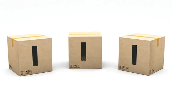 有字母I的Krafte盒子纸盒分为3个不同的位置 左边和右边 3D渲染中的字母 简单的种植 一次点击 孤立的白色背景 — 图库照片