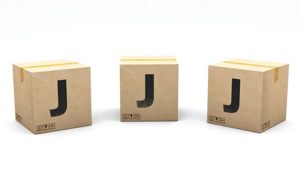 带有字母J的Krafte盒子纸盒分为3个不同的位置 左边和右边 3D渲染中的字母 简单的种植 一次点击 孤立的白色背景 — 图库照片