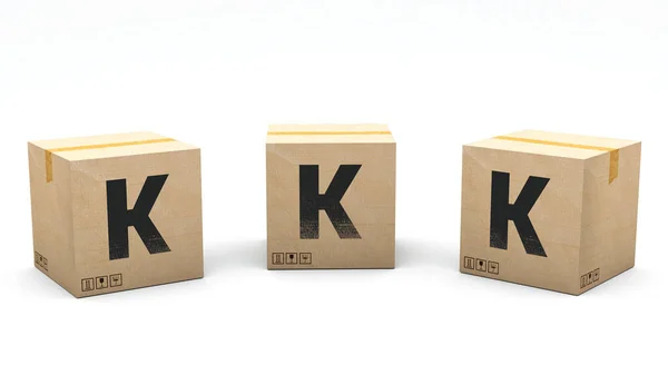 Kの文字でクラフトボックス 3つの異なる位置で紙で作られたボックス フロント 左と右 3Dレンダリングでアルファベット 簡単クロップ ワンクリック 隔離された白い背景 — ストック写真