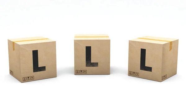 Lの文字でクラフトボックス 3つの異なる位置で紙で作られたボックス フロント 3Dレンダリングでアルファベット 簡単クロップ ワンクリック 隔離された白い背景 — ストック写真