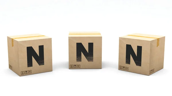 有字母N的纸盒的纸盒分为3个不同的位置 左边和右边 3D渲染中的字母 简单的种植 一次点击 孤立的白色背景 — 图库照片