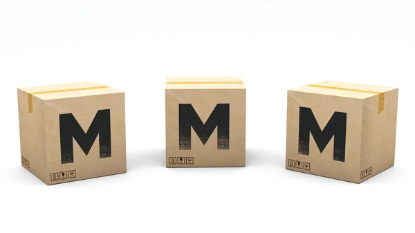 纸盒上有字母M的纸盒 有3个不同的位置 左边和右边 3D渲染中的字母 简单的种植 一次点击 孤立的白色背景 — 图库照片