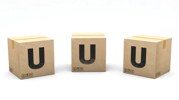 带有字母U 的Krafte盒子纸盒分为3个不同的位置 左边和右边 3D渲染中的字母 简单的种植 一次点击 孤立的白色背景 — 图库照片