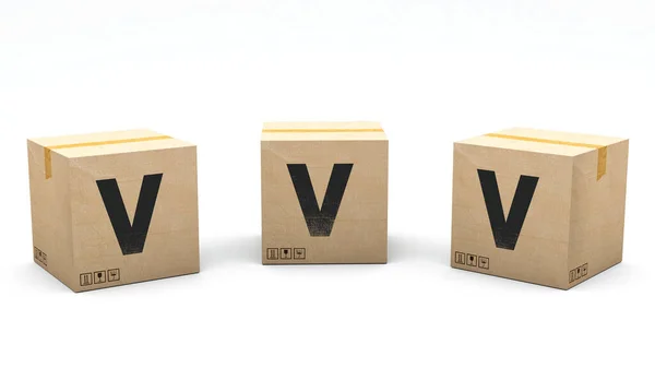 带有字母V的纸盒 纸盒分为3个不同的位置 左边和右边 3D渲染中的字母 简单的种植 一次点击 孤立的白色背景 — 图库照片