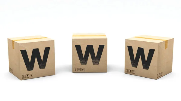 有字母W的纸盒的纸盒有三个不同的位置 3D渲染中的字母 简单的种植 一次点击 孤立的白色背景 — 图库照片