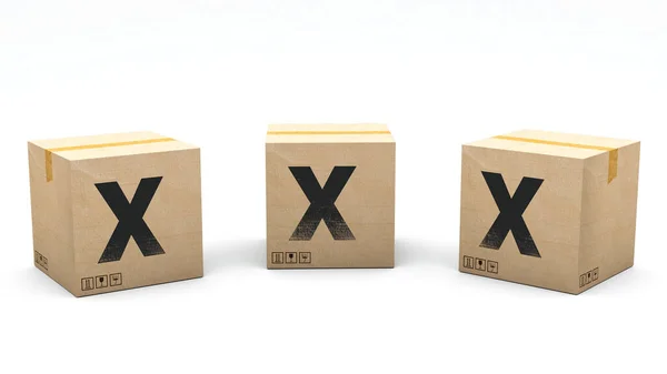 手紙のXとクラフトボックス 3つの異なる位置に紙で作られたボックス フロント 左と右 3Dレンダリングでアルファベット 簡単クロップ ワンクリック 隔離された白い背景 — ストック写真