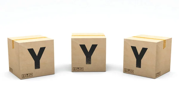手紙とクラフトボックスY 3つの異なる位置に紙で作られたボックス フロント 左と右 3Dレンダリングでアルファベット 簡単クロップ ワンクリック 隔離された白い背景 — ストック写真
