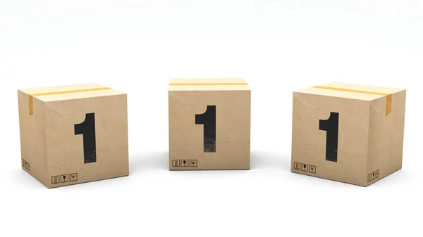 有1号的德国佬盒纸盒分为3个不同的位置 左边和右边 3D渲染中的字母 简单的种植 一次点击 孤立的白色背景 — 图库照片