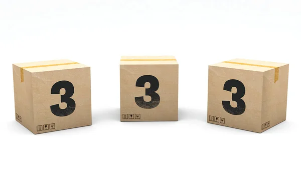 3番のクラフトボックス 3つの異なる位置に紙で作られたボックス フロント 左と右 3Dレンダリングでアルファベット 簡単クロップ ワンクリック 隔離された白い背景 — ストック写真