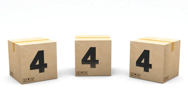 数字4のクラフトボックス 3つの異なる位置に紙で作られたボックス フロント 左と右 3Dレンダリングでアルファベット 簡単クロップ ワンクリック 隔離された白い背景 — ストック写真