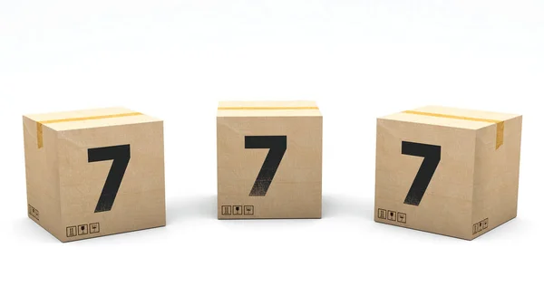 数字7のクラフトボックス 3つの異なる位置に紙で作られたボックス フロント 左と右 3Dレンダリングでアルファベット 簡単クロップ ワンクリック 隔離された白い背景 — ストック写真