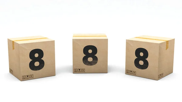数字8のクラフトボックス 3つの異なる位置に紙で作られたボックス フロント 左と右 3Dレンダリングでアルファベット 簡単クロップ ワンクリック 隔離された白い背景 — ストック写真