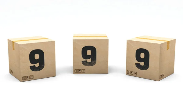 数字9のクラフトボックス 3つの異なる位置に紙で作られたボックス フロント 左と右 3Dレンダリングでアルファベット 簡単クロップ ワンクリック 隔離された白い背景 — ストック写真