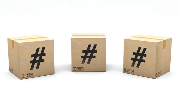 Krafte Box Character Hashtag Box Made Paper Different Positions Front — Stock Photo, Image