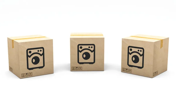 印有产品图标的卡夫盒 洗衣机 纸板包装由3D制作 呈现在三个不同的角度 简单的剪报 — 图库照片