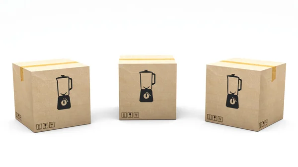 印有产品图标的卡夫盒 搅拌机 纸板包装由3D制作 呈现在三个不同的角度 简单的剪报 — 图库照片