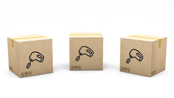 印有产品图标的卡夫盒 搅拌器 纸板包装由3D制作 呈现在三个不同的角度 简单的剪报 — 图库照片